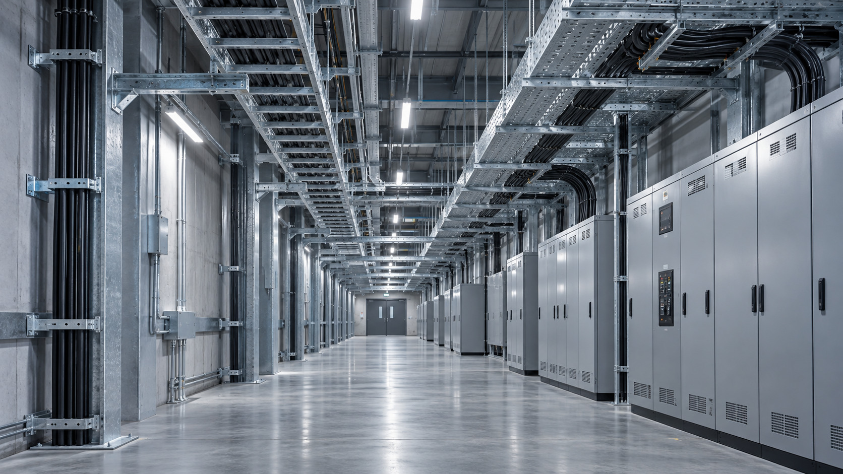 Illustrative electrical corridor with overhead metal containment and distribution cabinets